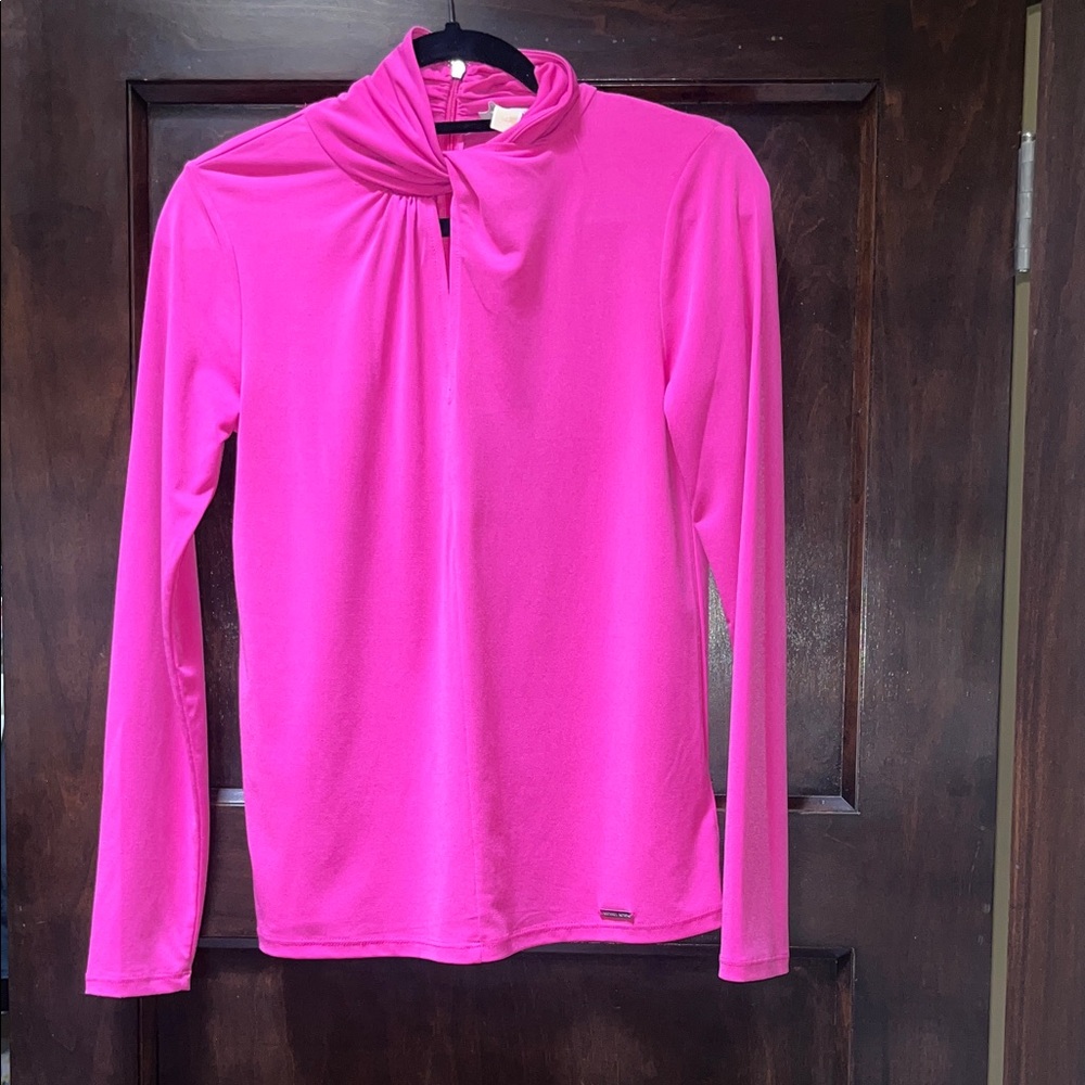 Michael Kors Hot Pink Long Sleeve Knot Neck Top